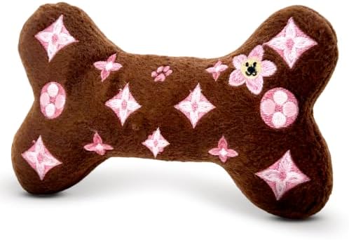 Dog Diggin Designs Chewy Vuiton Brown Blossom Plush Dog Toy Bone | Luxury-Inspired Parody Designer Bone with Squeaker, Soft Plush Chew & Play Dog Toy – Prêt-à-Porter Play!