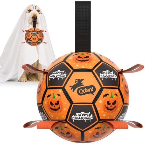 QDAN Halloween Dog Toys, Soccer Balls with Straps, 8 Inch Interactive Toys | Large Dog Herding Balls for Tug of War, Durable Ropes Toys for 30-90 lbs Dogs, Outside Training Chase Toy, Puppy Birthday