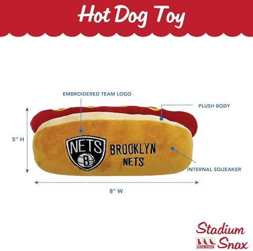 Pets First NBA Brooklyn Nets HOT Dog Plush Dog & CAT Squeak Toy - Cutest HOT-Dog Snack Plush Toy for Dogs & Cats with Inner Squeaker & Beautiful Basketball Team Name/Logo