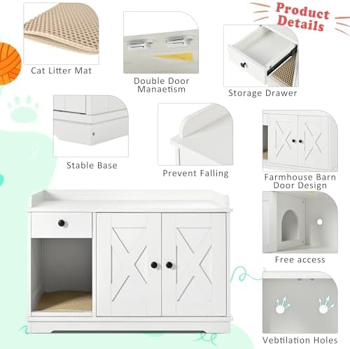 Montary Multi-Use Cat Litter Enclosure Box with Storage Drawer & Cat Litter Mat,Hidden Litter Box Furniture,Farmhouse Style Wooden Pet House Side Cabinet, White