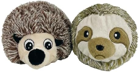Pet Lou EZ Squeaky Ball Twin Pack, Hedgehog & Sloth Plush Dog Toys with Textured TPR Squeaky Core, Stuffing-Free Mesh-Reinforced Design, 4 Inch
