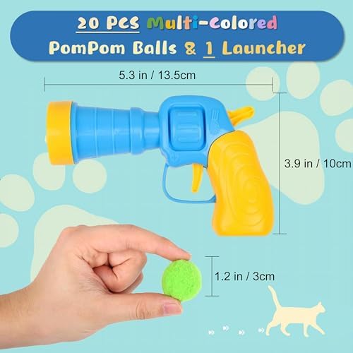 Low Noise Interactive Cat Ball Launcher Gun, 1 Noise-Reduced Launcher (New Upgraded), 20 Pcs Colorful Silent Plush Pom Pom Balls (1.2 inches), with 4 Pcs Cat Spring Toy