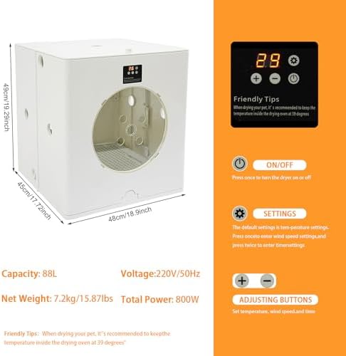 Foldable Smart Pet Dryer Box with 6 Fan 800W Automatic Cat Dryer Box Time-Setting Temperature Control, 88L Small Dog Drying Box, Cat Hair Blow 360° Ultra Quiet(Not Include Batteries)