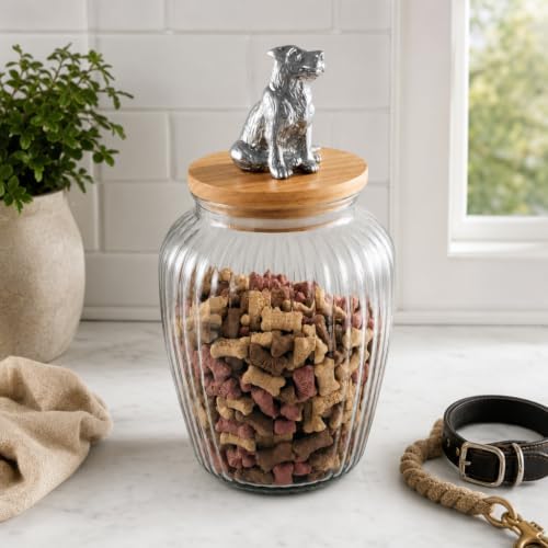 Arthur Court Dog Treat Jar, Stylish Glass Container with Wood Lid and Airtight Seal, Cute Metal Dog Knob, 11 Inch Tall, 72 Ounces