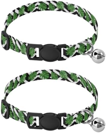 Tropical Leaf Black White Stripes Collar for Puppy, 2 Pack Cat Collar Breakaway with Bell