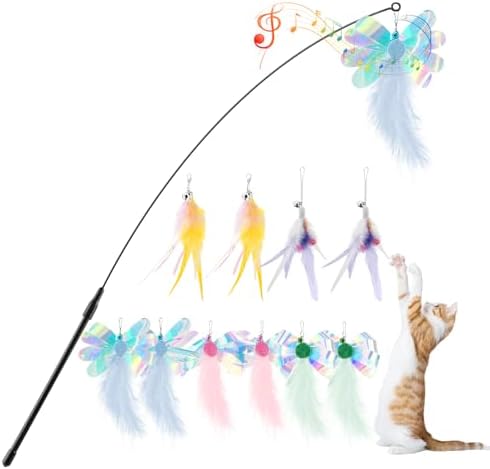 Pawaboo Cat Feather Wand Interactive Toy, 10 Feathers + 1 Wand with Bell