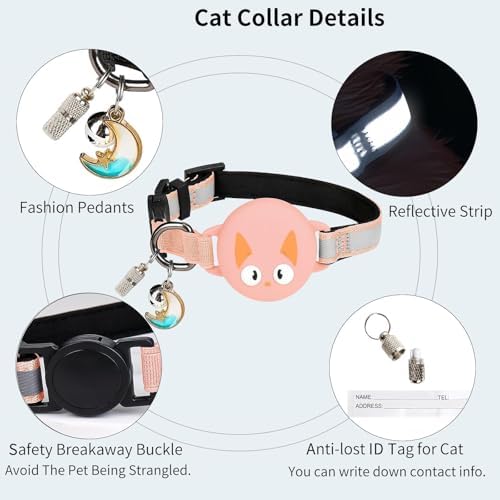Reflective Breakaway Cat Collar for AirTag (1st & 2nd Gen) Holder - Waterproof Safety Buckle Kitten Collar with Bell, Luminous Lightweight GPS Tracker Case for Apple for Air Tag (Pink)