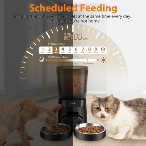 Automatic Cat Feeders WiFi for Two Cats, 5L/20 Cups Double Automatic Cat Food Dispenser with APP Control, 2 Stainless Bowls, Timer Setting 20 Portions 10 Meals Per Day