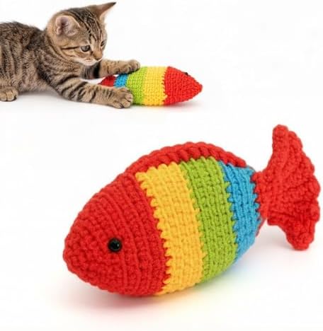 Catnip Fish Toy - Hand-Crocheted with Real Catnip & Bell, Interactive Kicker Toy for Cats Kitten, Soft & Safe for Biting