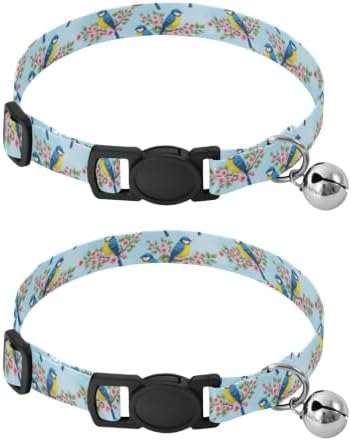 Blue Yellow Birds Soft Cat Collar, 2 Pack Puppy Collar with Bell