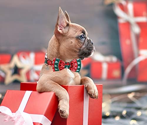 DOGWONG Christmas Dog Collar with Bow tie, Red Green Strip Snowflake Dog Collar Soft Durable Adjustable Cotton Puppy Collar for Small Medium Large Dog