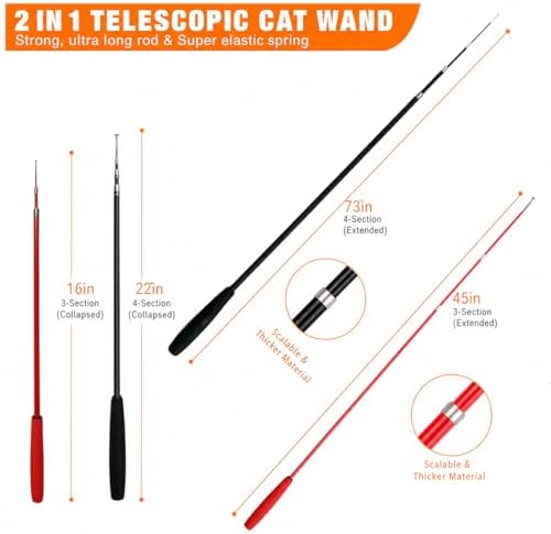 12PCS Interactive Cat Wand Toy Set, 2PCS Retractable Cat Teaser with 10 Replacement Refills (Feathers, Worms, Fish, Extra String), Extendable Cat Fishing Pole for Indoor Cats Exercise & Play