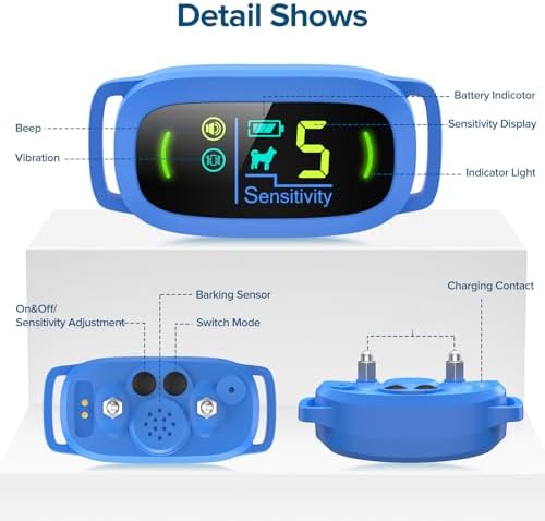 FAFAFROG Dog Bark Collar, Rechargeable Smart Collar, Anti Barking Training Collar with 5 Adjustable Sensitivity Beep Vibration, Bark Collar for Large Medium Small Dogs (Blue)