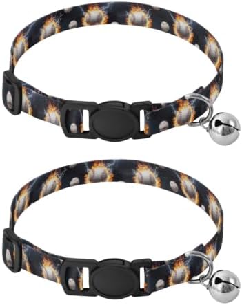 Baseballs Splashes Water Flames Decorative Pet Collar with Bell 2 Pack Cat Collar Adjustable 10.6 to 17.1 Inches