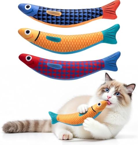 PetBusy Interactive Cat Toys with[5000mg Premium A+Catnip][Baby Grade] Soft Chew Kicker Cat Toys for Indoor Cats & Kittens, Crinkle &Rattle Fish Sound Toy, Drives Bored Cats Crazy with Fun,3 Pack