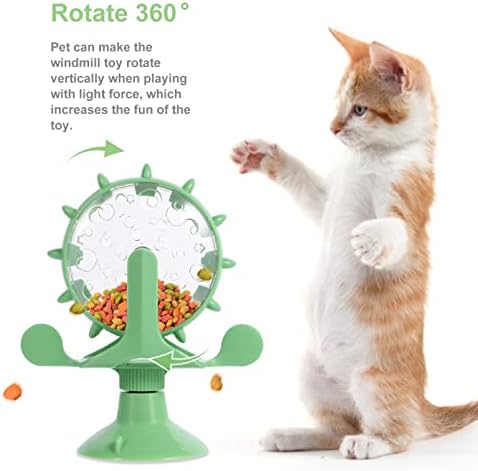 DOITOOL Windmill Cat Toy Cat Treat Dispenser Toy Interactive Cat Toy Slow Feeder Dog Food Dispenser Pet Treat Feeder 360 Degree Rotating Windmill Toys with Suction Cup, Green