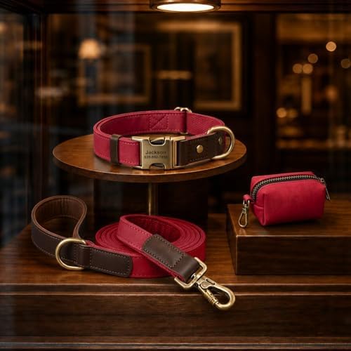 Personalized PU Leather Dog Collars, Quick Release Buckle, Red,XL