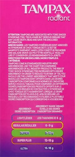 Tampax Radiant Tampons, Super Absorbency, with Leakguard Braid, Unscented, 28 Count (Pack of 2)