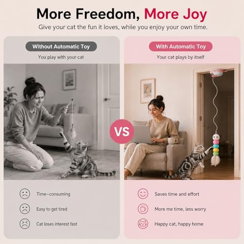 Interactive Cat Toys for Indoor Cats,Automatic Hanging Door Cat Teaser Feather Toy with 6 Accessories,2 Modes,Auto Pause & USB Rechargeable Electric Cat Chase Toy,Safe for Bored Adult Kitten-Pink2