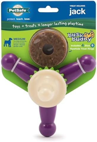 PetSafe Busy Buddy Jack - Treat Holding Dog Chew Toys - Helps Clean Teeth - Vanilla Scented Rubber for Strong Chewers - Treat Refills Included - Interactive Dog Toy Keeps Dogs Busy - Purple, Medium