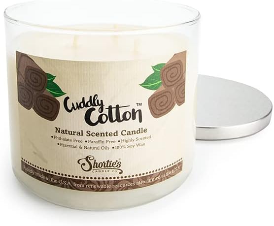 Cuddly Cotton Scented Natural 3 Wick Candle, Essential Fragrance Oils, 100% Soy, Phthalate & Paraben Free, Clean Burning, 14.5 Oz.