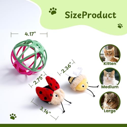 Cat Toys for Indoor Cats - Interactive Ball Cage Cat Toy with Realistic Insect Sounds & 2 Catnip Plush Toys, Motion-Activated Hunting Simulation Toy for Cats