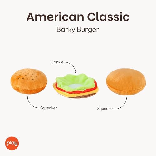P.L.A.Y. Cute Plush Dog Toys - Fast Food Themed Durable Giggle Chew Toy, Great for Puppies & Small, Medium, Large Dog - Machine Washable, Recycled Materials (American Classic Burger, X-Small)
