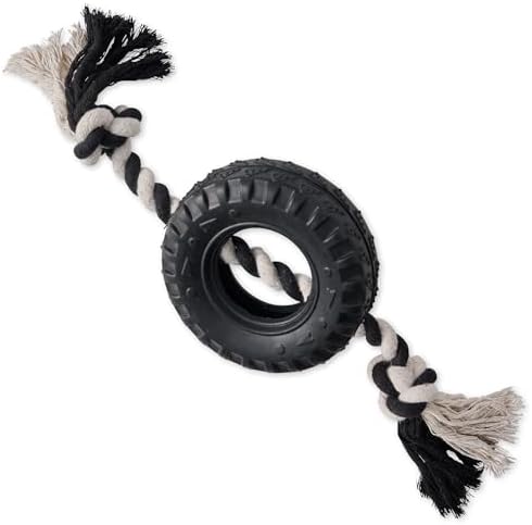Pet Passion Natural Rubber Tire and Organic Cotton Rope Pull and Chew Dog Toy for All Pet Breeds, Black, Medium