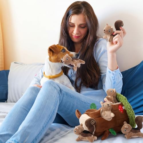 Skylety 7 Pieces Hide and Seek Dog Toys Activity Puppy Chew Squeaky Toys Plush Stuffing Woodland Stuffing with Squeakers for Small Medium Pets Dogs Puppy Gift (Squirrel,Small)