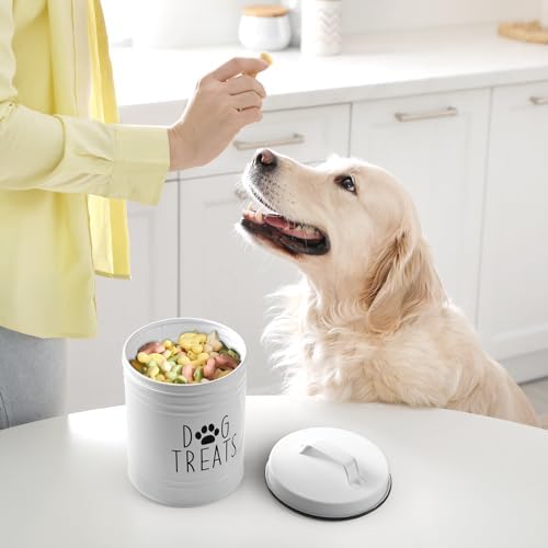 OUTNILI Small Dog Treat Container Airtight - 6" Tall X 4.9" Round White Dog Treat Jar for Kitchen Counter - Rustic Treat Storage Canister for Dogs, Cats, Small Animals - Gifts for Pet Owners