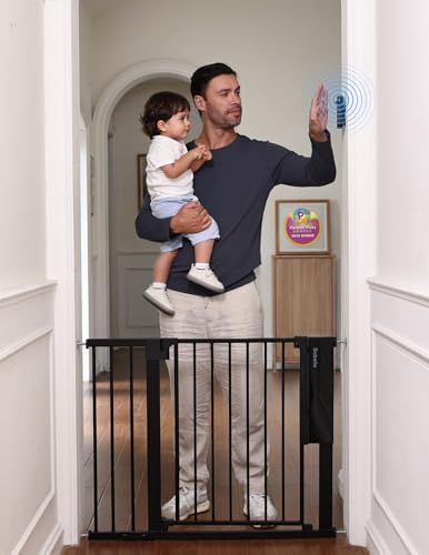 Babelio Smart Baby Gate with Auto-Unlock/Close, Pressure Mounted No Drill for Doorways/Top of Stairs. Pet/Dog Door Wide Walk Thru w/Infrared Sensor & Instant Safety Alert (Black, 26.3-37.8" W, 30" H)