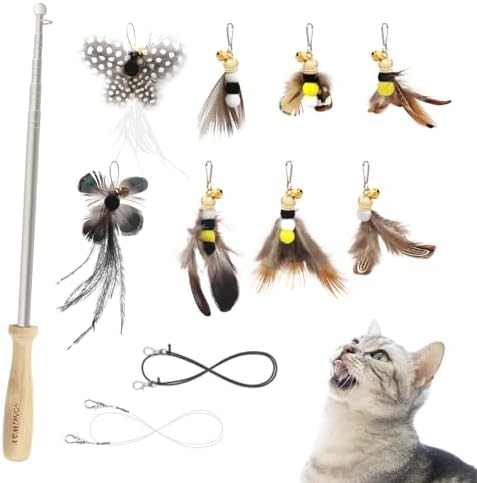 SONGWAY Cat Toys Feather Wand - Retractable Cat Wand Toy and 8 Pieces Insect Cat Feather Toys with Bell, Interactive Cat Toys for Indoor Cats Kittens