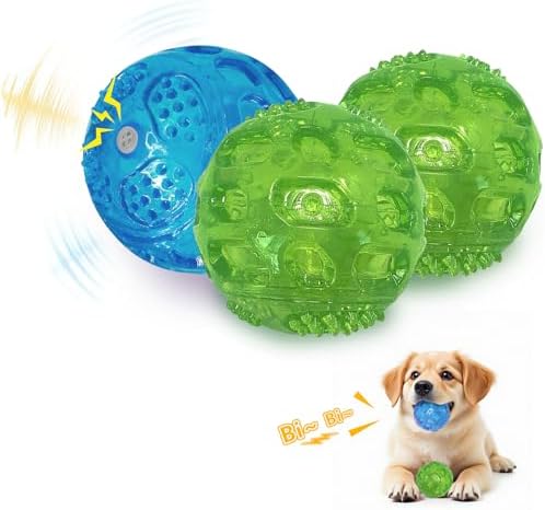 RICHIE Ultra Durable Squeaky Dog Balls 3 Inch for Large Medium Dogs, Tough Chew Toys for Aggressive Chewers, Floating Fetch Balls for Pool Play, Teeth Cleaning Dog Toys 3 Pack Blue + Green + Green