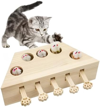 kathson Whack A Mole Cat Toy, Interactive Cat Toy Wood Kitten Puzzle Enrichment Box Catch Mice Game for Indoor Cat Exercise Relieve Boredom
