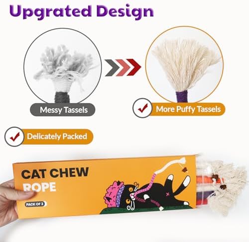 Cat Toys for Indoor Cats, Kitten Toys for Indoor Kittens, Catnip Rope Chew Toys for Teeth Cleaning, Interactive Cat String Toy, Kitty Kicker Toy, 3 Pack (Plus 3 Pouches of Catnip)