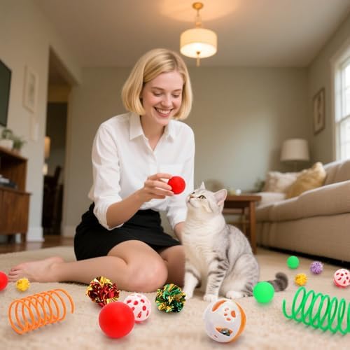 Nicunom 100 Pcs Cat Toys for Indoor Cats and Kittens - Spring, Fur Mice, Crinkle Ball, Sparkle Pom Pom Ball, Bell, Catnip Rope, Variety Cat Interactive Toy Set