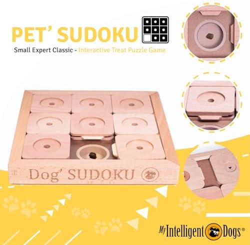 Interactive Wooden Sudoku Puzzle for Cats and Small Dogs - Expert Brain Pet Toy - 9 Treat-Hiding Holes, Small All-Wood Design