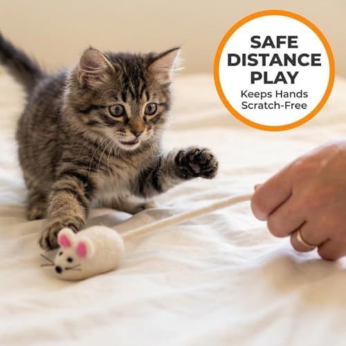 Glaciart One Felt Mouse Cat Toy – Soft Fuzzy Enrichment 100% Natural Wool - Interactive Catnip Play Cat Toy Set - Safe for Pets, Non-AZO Colored Dyes - 42” Long