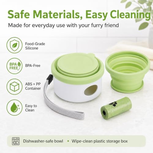 3-in-1 Portable Dog Travel Bowl, Foldable Silicone Pet Walking Container with Treat Storage & Poop Bag Dispenser, Comes with 1 Roll of Poop Bags, Ideal for Hiking, Camping, and Travel, Gray Green.