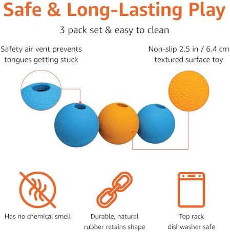 Amazon Basics Interactive Bouncy Durable Rubber Dog Toy Balls, 2.5 inch, Blue, Orange, Pack of 3