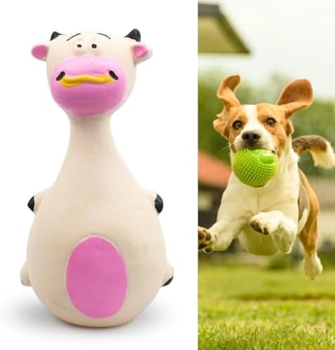 Interactive Dog Toys for Small Dogs, Rubber Latex Squeaky Toy with Cartoon Design, Bite Resistant Soft Chew Toy for Dogs Perfected for Play Teething for Small Medium Dogs (White Cow)