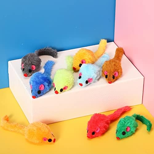 Sosation 120 Pcs Rainbow Furry Cat Mouse Toys Interactive Rattle Cat Toy Mice Small Soft Rustle Sound Kitten Toys for Pets Cat Puppy Kittens Play, Assorted Colors