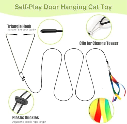 Door Hanging Cat Toys with Suction Cups, Interactive Hanging Feather & Plush Cat Toy with Bell, Assorted Replaceable Refills for Indoor Kitten Hunting Exercise & Boredom Relief (Ribbon)