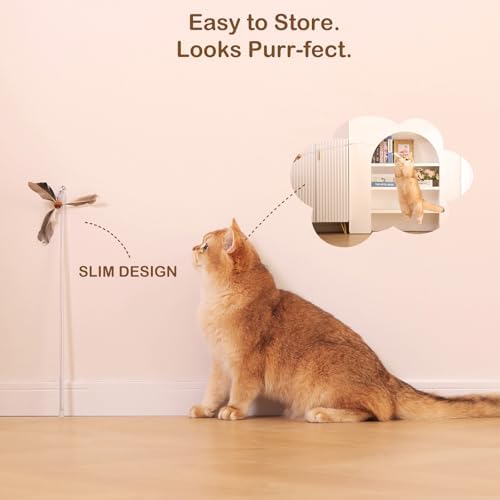 Retractable Cat Wand Toy with Spinning Natural Feather – Interactive Cat Teaser Wand for Indoor Cats, Adjustable Lightweight Cat Toy Wand with 4 Feather Refills - No String Version