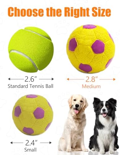 Squeaky Dog Balls, Interactive Funny Puppy Chew Toys for Fetch Play to Keep Them Busy, Latex Rubber Pet Tennis Soccer Ball Toy Bundle (4 Pack) for Medium Breed Dogs