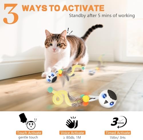 Cat Ball Toy, Upgraded Smart Motion Sensor Moving Ball with 3 Speed Modes & 4 Sounds, Interactive Toy for Indoor Cats, Motion Activated, Chirping Light, 2 Feather Tails(White)