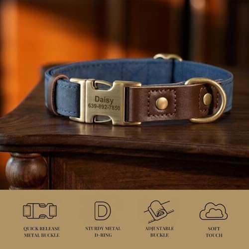 Personalized PU Leather Dog Collars, Quick Release Buckle, Blue,L