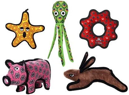TUFFY® 5 Pack Starfish, Squid, Pig, Rabbit and Gear Ring Plush Dog Toys