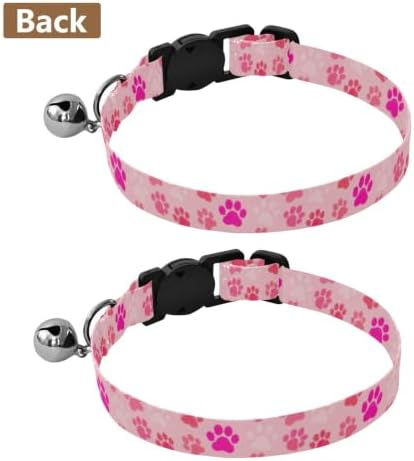 2 Pack Puppy Collar Paw Print Pink Decorative Pet Collar with Bell, Adjustable Length 10.6" to 17.1"
