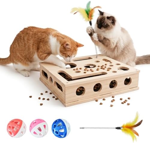 Cat Nail File Box, Solid Wood Cat Scratch Puzzle Enrichment Toy with Built-in Grooming Paper, Interactive Hideaway for Indoor Cats with 3 Bell Balls and Feather Cat Toy (Color: Natural Wood)
